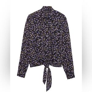 Banana Republic Black Floral Tie-Neck Blouse with Purple & Yellow Flowers